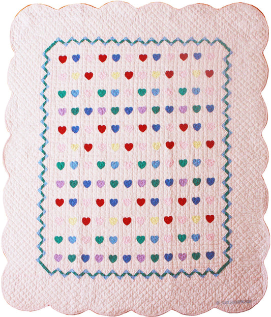 "Lollipop Pink with Multi Mini Hearts" Crib Quilt 40" x 52"