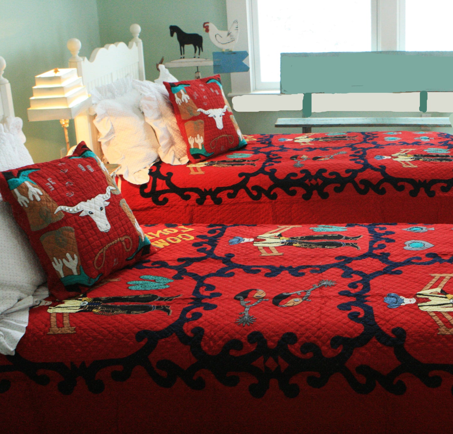 "Lonesome Cowboy" in Red-Navy Twin Quilt 64" x 85"