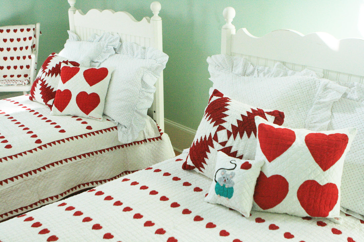 "Mini Red Hearts" in White-Red Twin Quilt 64" x 85"