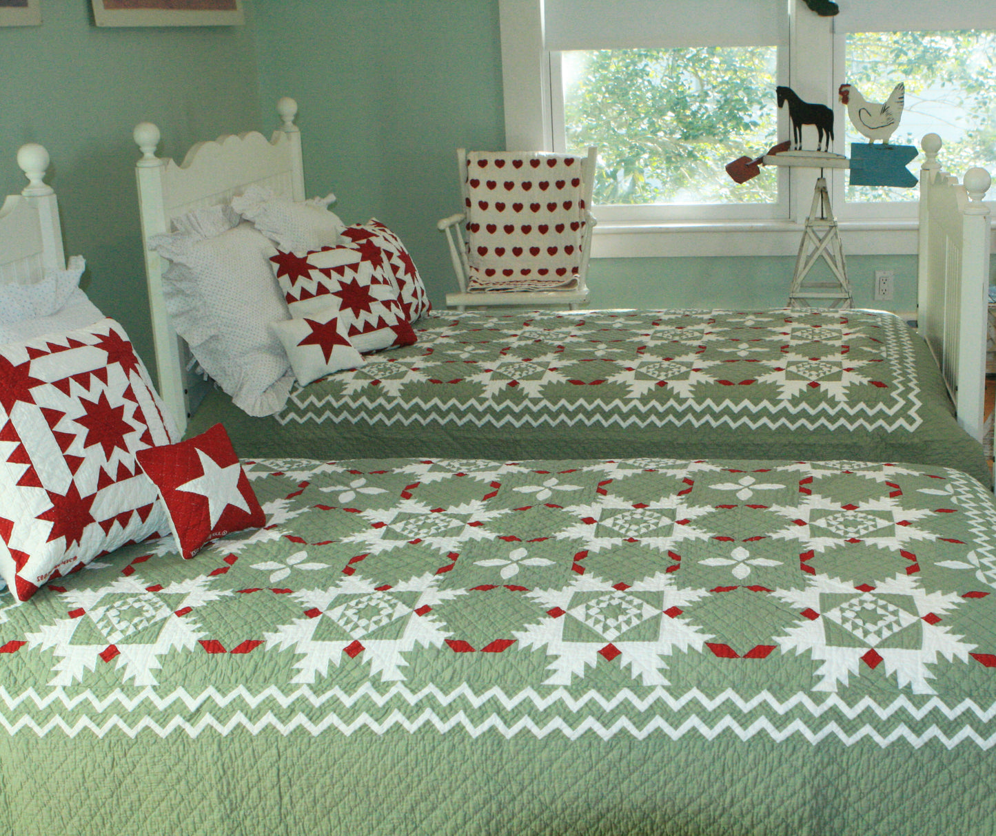 "Feathered Star" in Sage-Red-White Twin Quilt 64" x 85"