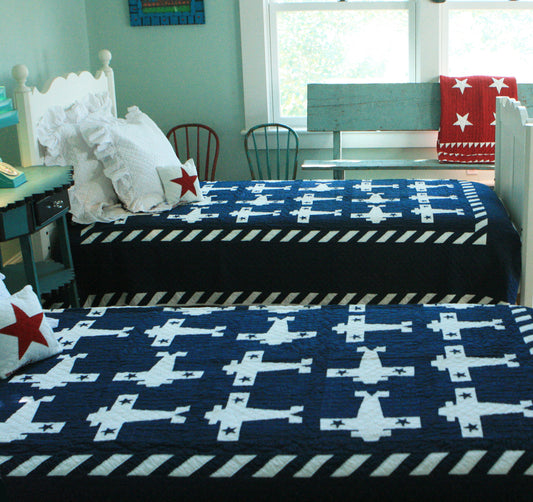 "Airplane" in Navy-White Twin Quilt 64" x 85"