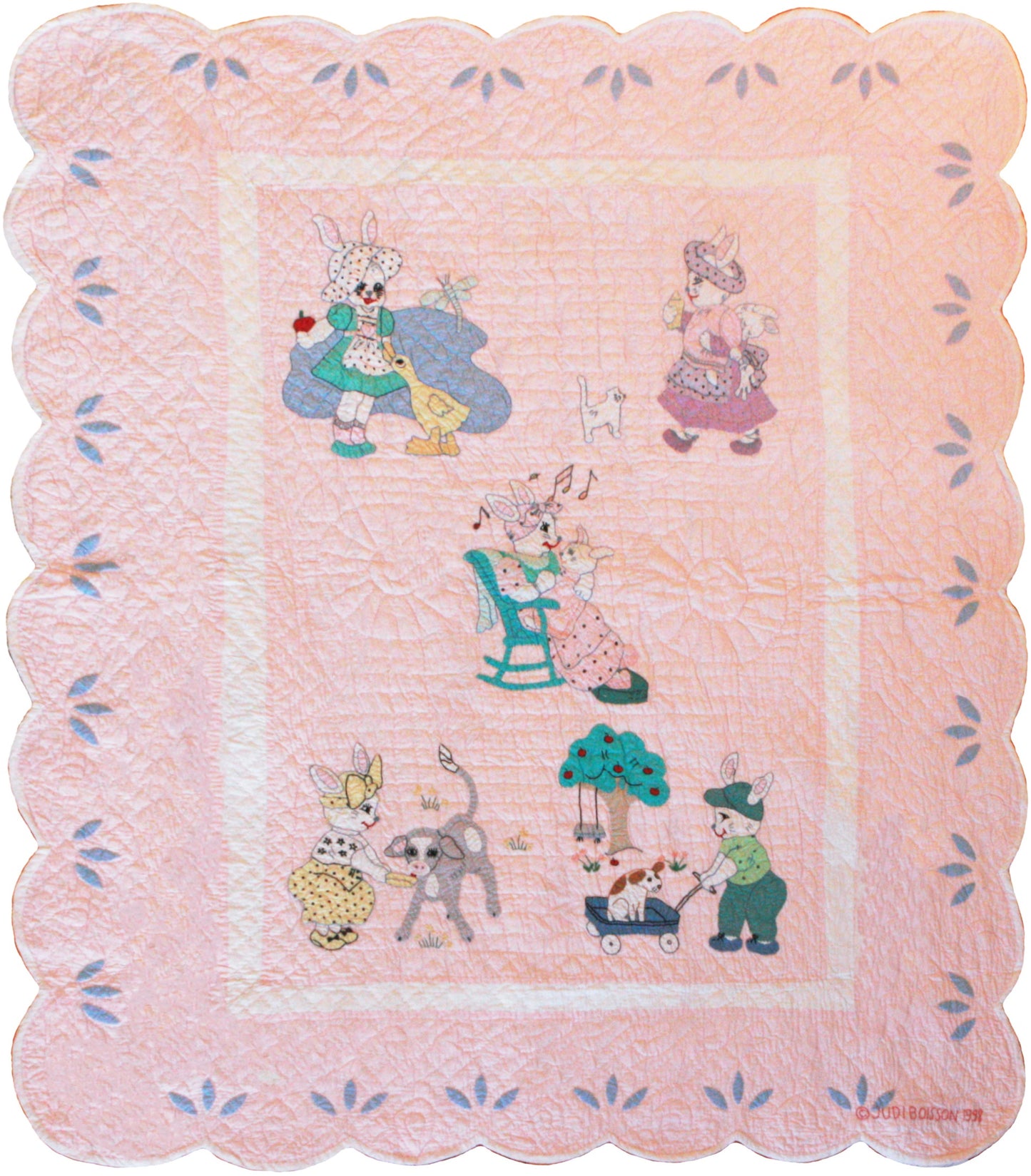 "Bunny Family" in Pink Crib Quilt 45" x 53"
