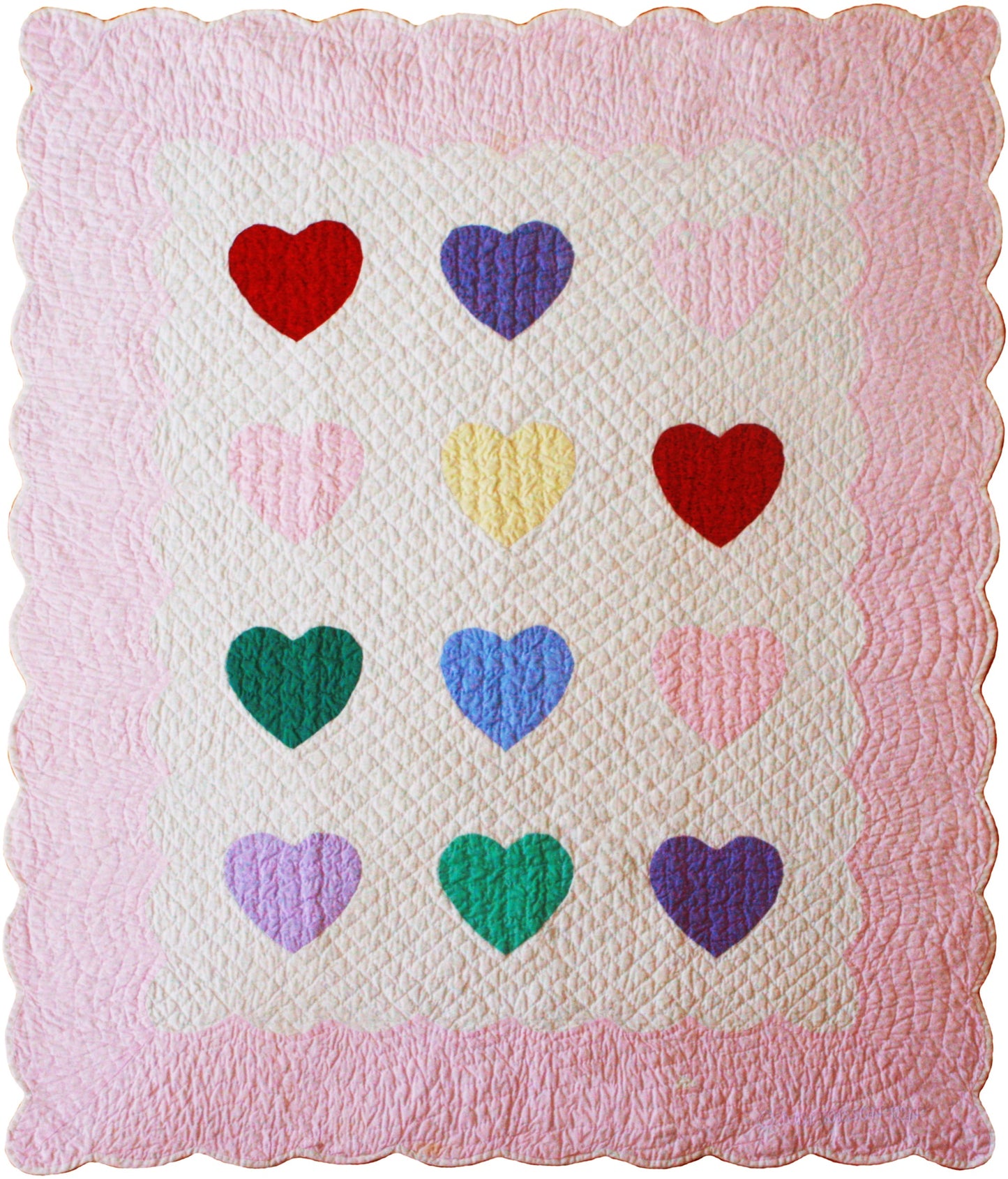 "Multi Heart" in White-Pink Crib Quilt 40" x 49"