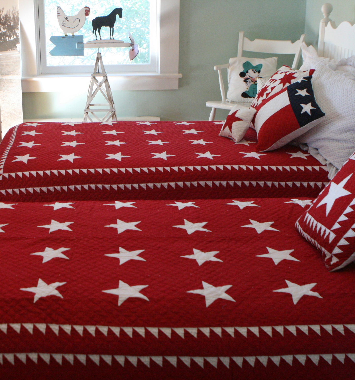 "Patriotic Stars" in Red-White Twin Quilt 64" x 85"