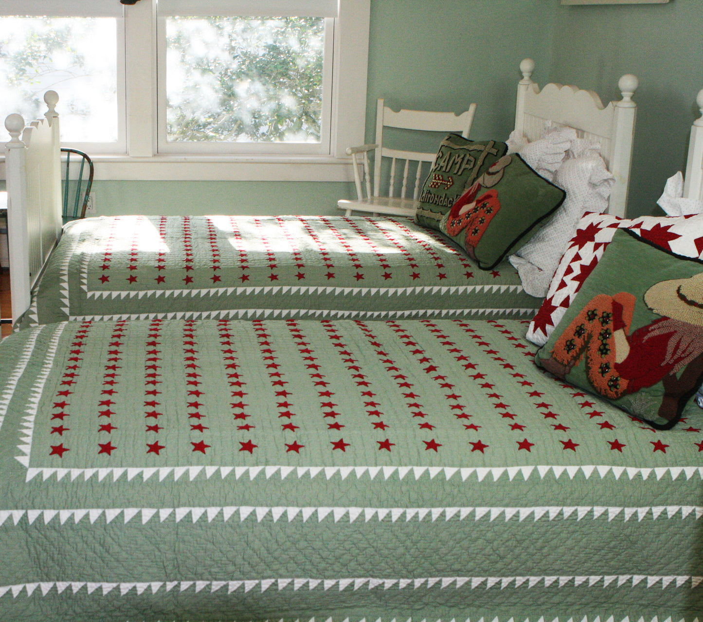 "Mini Star" in Red-Sage-White Twin Quilt 64" x 85"