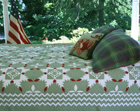 "Feathered Star" Throw in Sage-Red-White 55x55