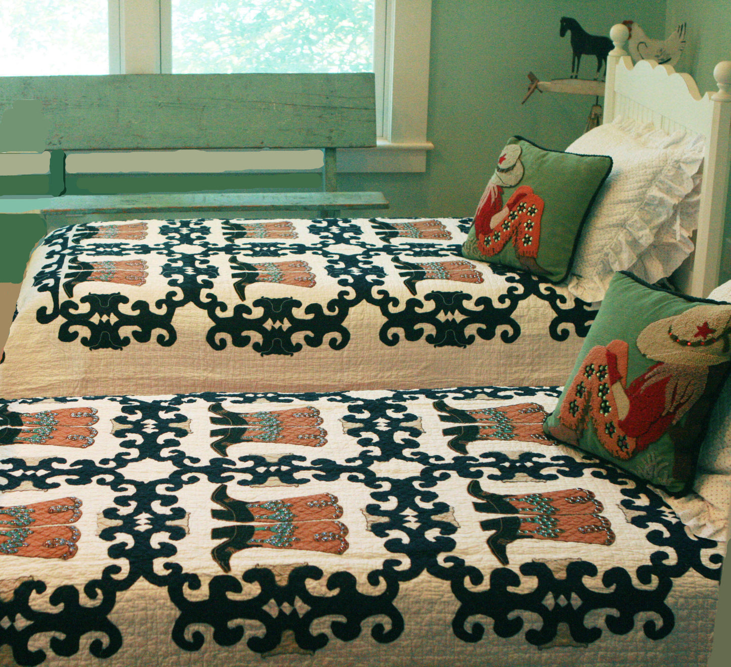 "Big Boots" in White-Navy  Twin Quilt 64" x 85"