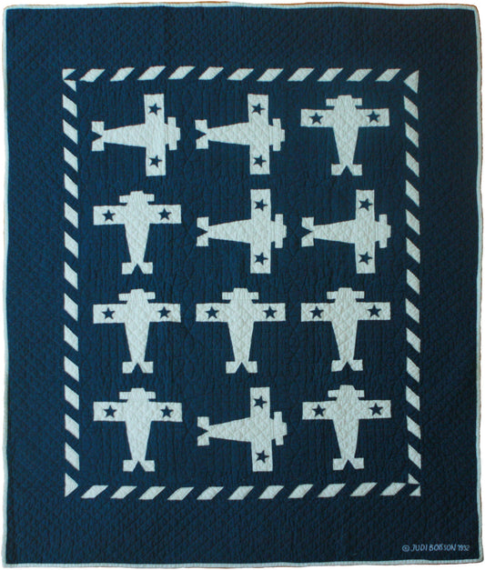 "Airplane" in Old Blue-White Crib Quilt 44" x 55"