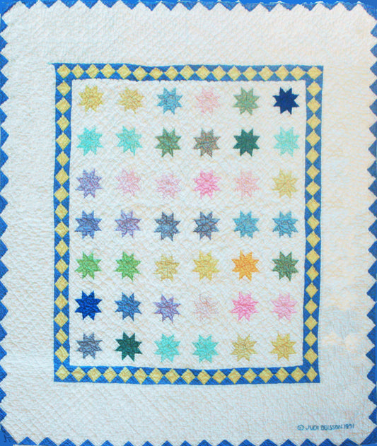 "Pastel Twinkle Stars" in White-Yellow-Blue Crib Quilt 45" x 62"