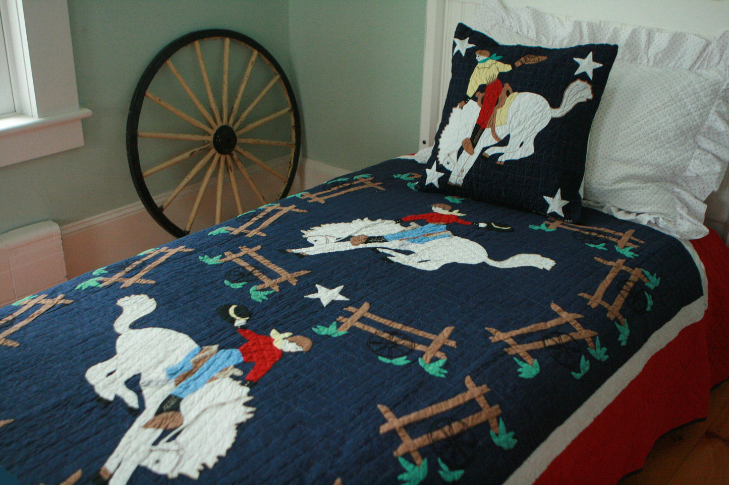 "Bucking Bronco" in Navy-Red-White Twin Quilt 64" x 85"