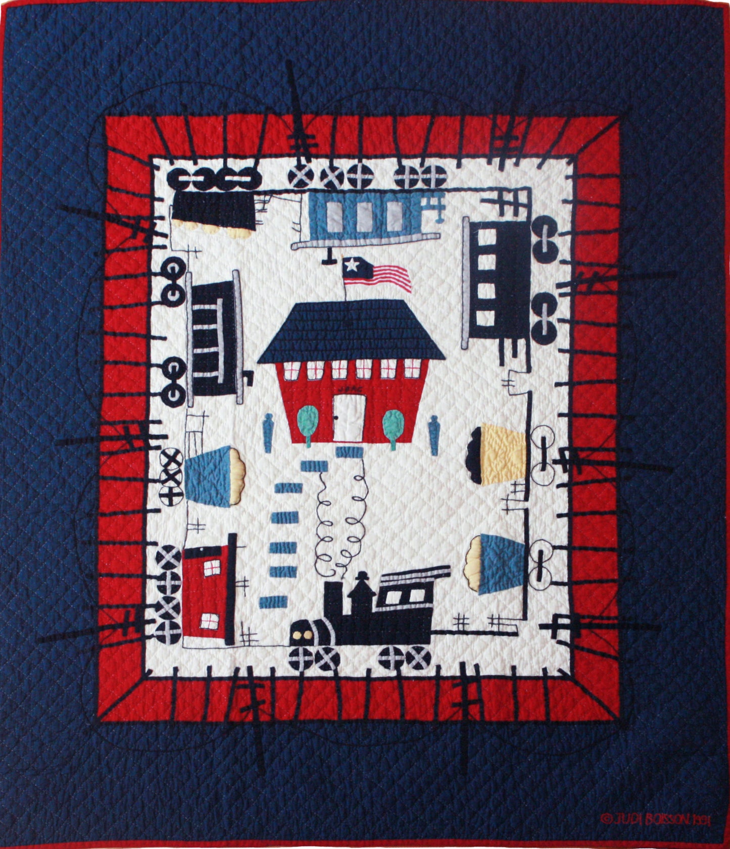 "Local Loco" in Old Blue-White-Crimson Crib Quilt 42" x 53"