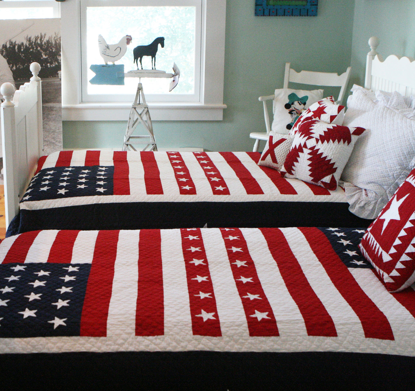 "Patriotic Flag" in Red-White-Navy Twin Quilt 64" x 85"