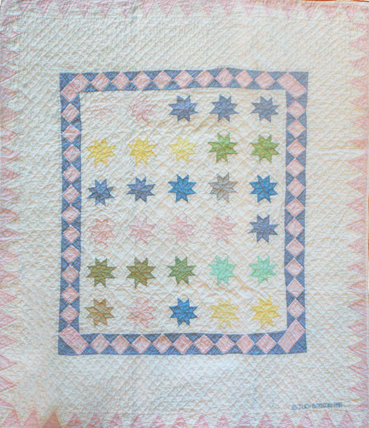 "Pastel Twinkle Stars" in White-Pink Crib Quilt 45" x 62"