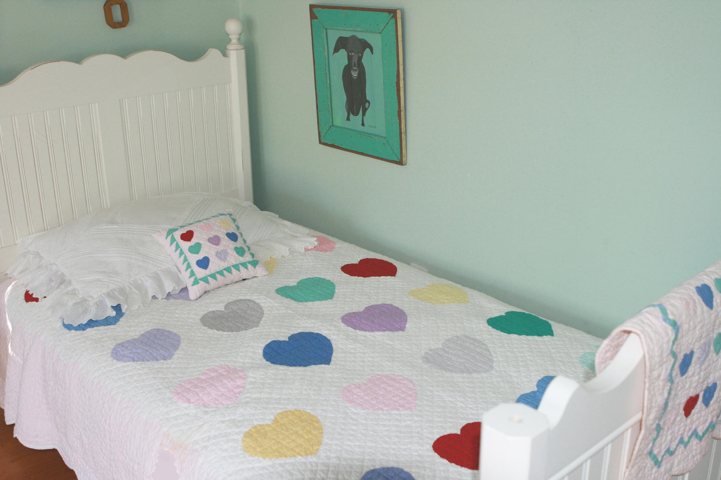 "Multi Heart" in White-Pink Twin Quilt 64" x 85"