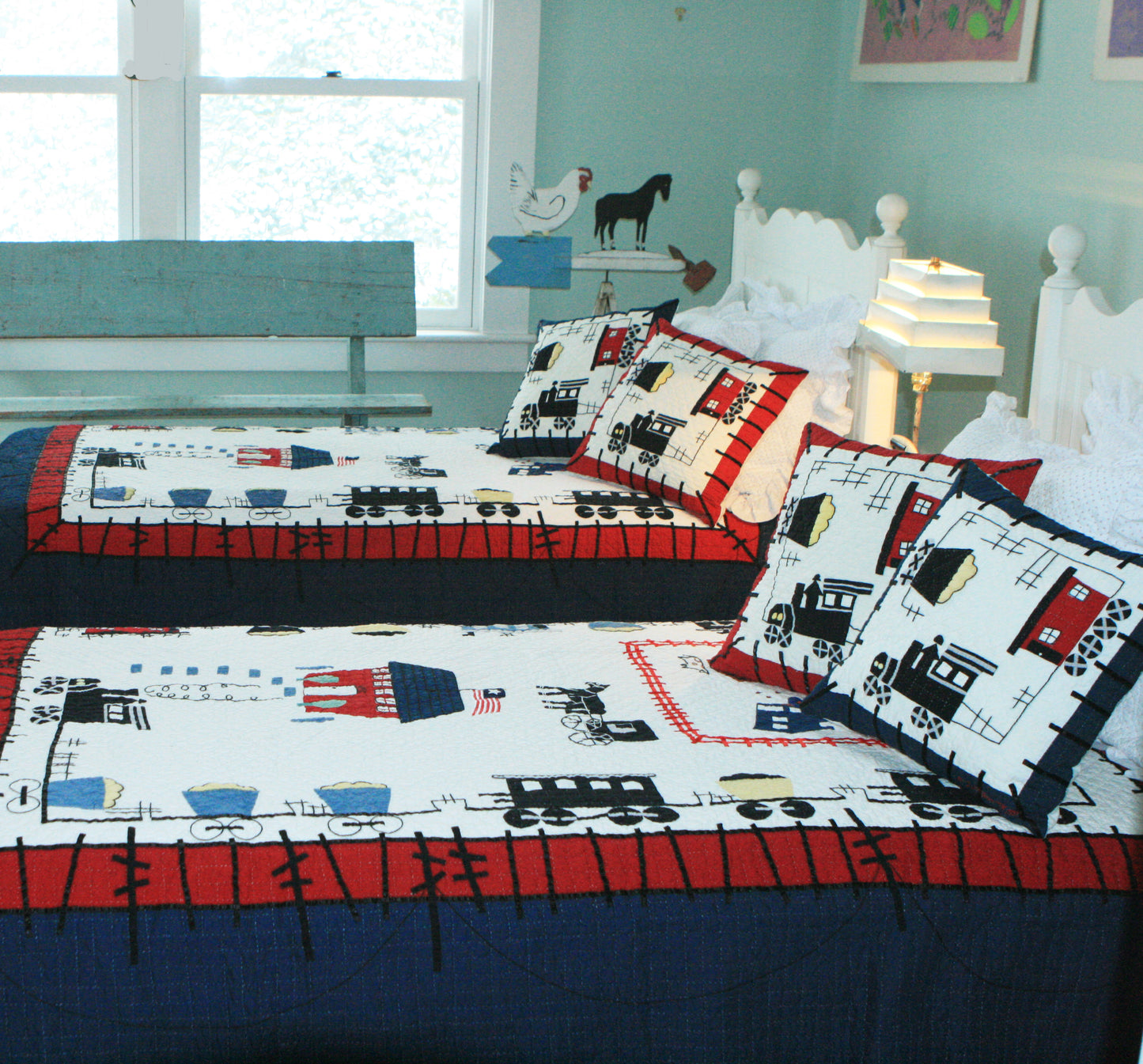"Local Loco" in White-Old Blue Twin Quilt 64" x 85"