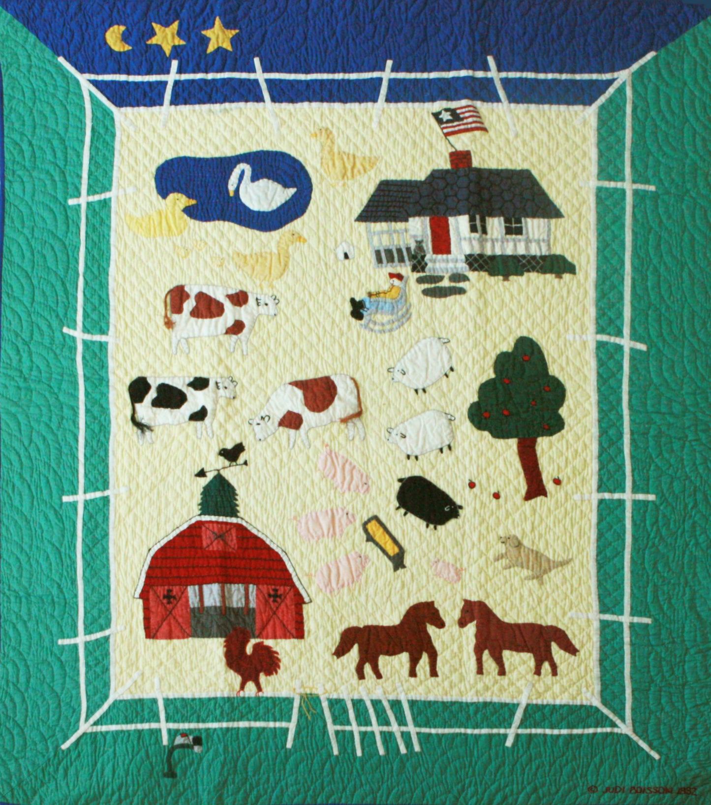 "McDonald's Farm" in Butter-Spruce-Royal Crib Quilt 46" x 55"