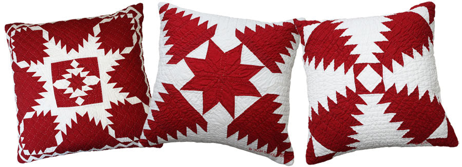 "Feathered Star" & "Pineapple Log Cabin" in Red-White Throw Pillows