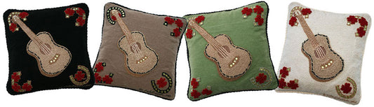 "Guitar with Roses" Hand-Hooked Pillow 18'' x 18''