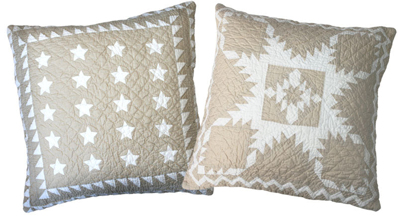 "Patriotic Mini 20 Star" & "Feathered Star" in Champagne-White Throw Pillows